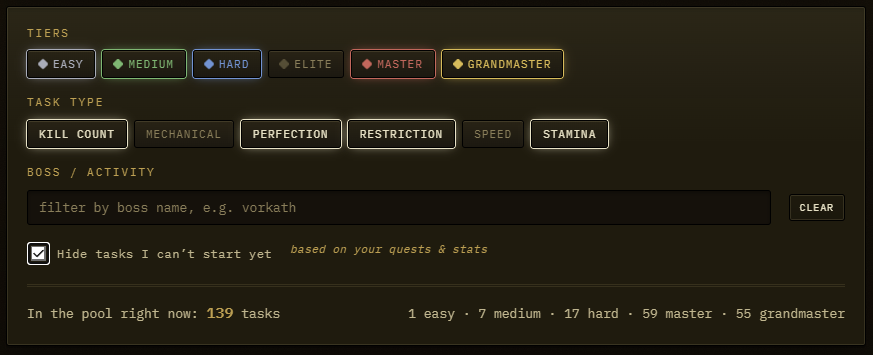 The filter panel with some tiers and types disabled
